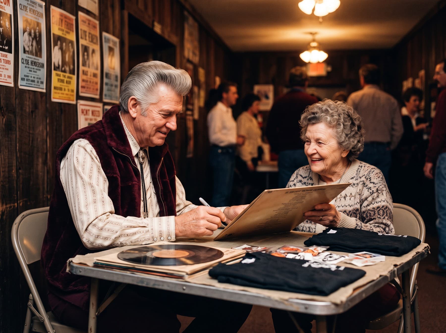 Clyde Henderson signing a record sleeve for a smiling patron at a folding table with records and shirts in a theater lobby