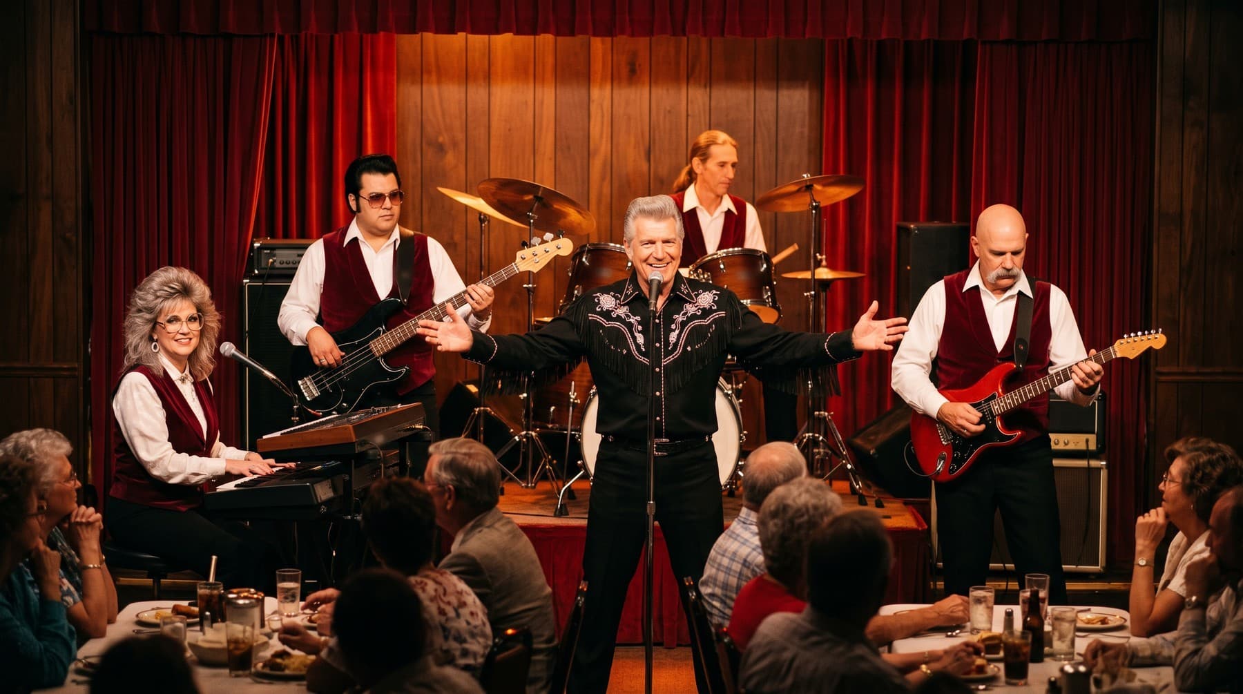 A five-piece band in burgundy vests on a small theater stage with red curtains, the singer with arms outstretched before a dinner crowd at cloth-covered tables