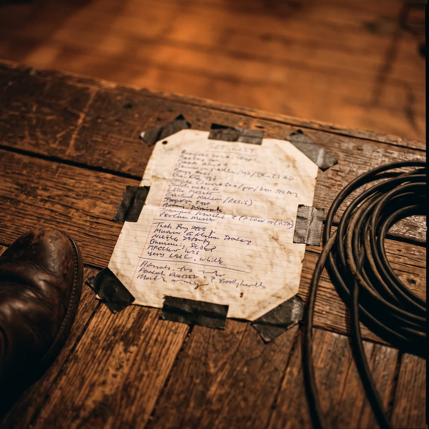 A handwritten set list taped to a wooden stage floor beside a coiled cable and the toe of a cowboy boot
